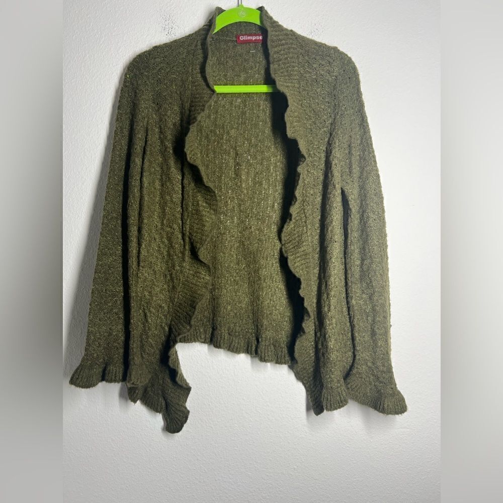 Glimpse Sweater Womens  Green Cotton Crochet Bell Sleeve Ruffle Cardigan Sz M